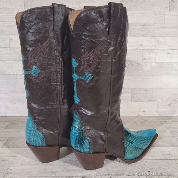 Rogers Boots Turquoise Cobra Snakeskin Brown Leather Rodeo Cowboy Boots Size 7 - Picture 4 of 9